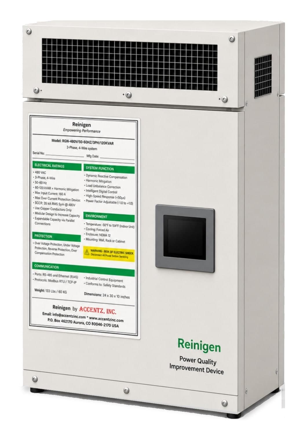 Reinigen power-quality unit: a wall-mounted cabinet with a small touchscreen and a specifications label